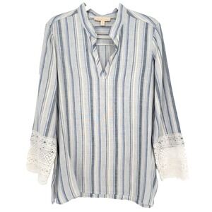 Etcetera Blue White Striped V Neck Linen Blend Tunic Lace Trim Coastal Preppy 10